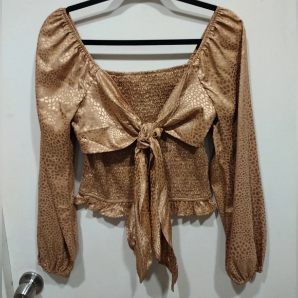 Savanna Jane Tops - Savanna Jane Gold Animal Print Smocked Square Neck Tie Front Top Sz S- Mobwife